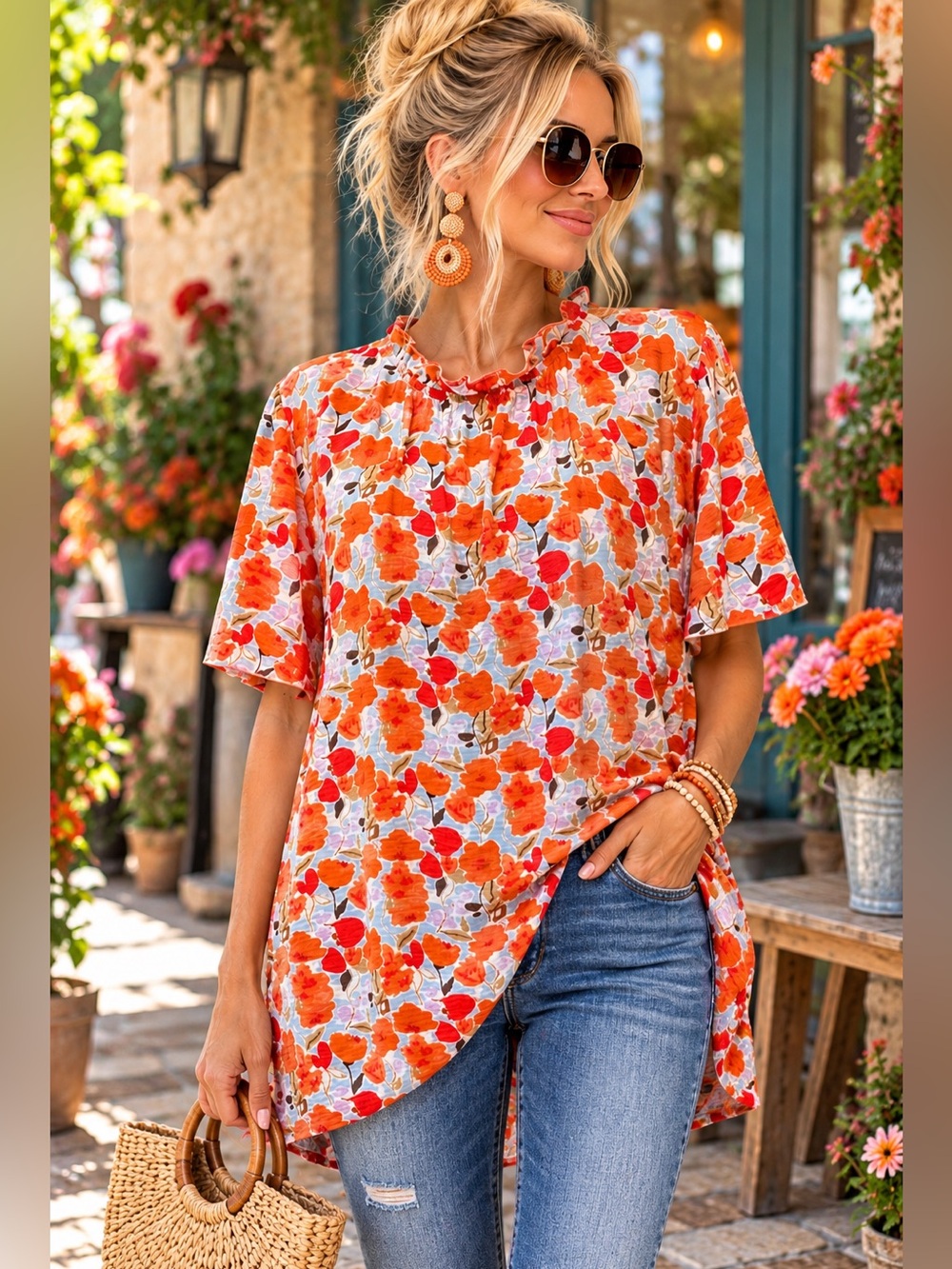 BloomChic Plus Size 22-24 Orange Floral Ruffle Neck Tunic Top